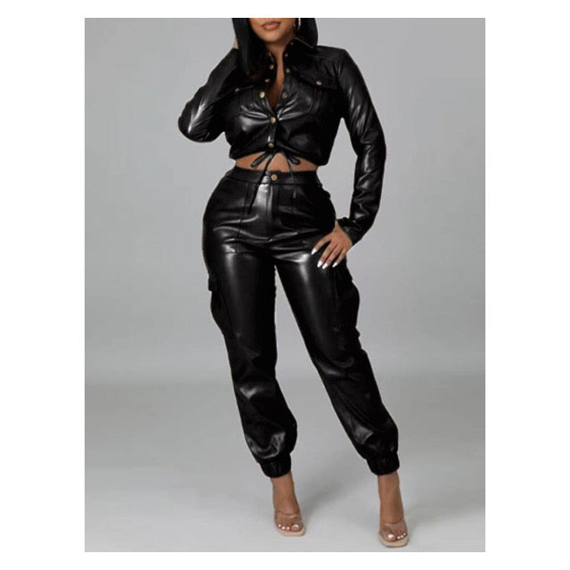 Faux Leather Crop Top “Jogger” Leggings Set
