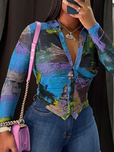 Blue/Purple Button Up Mesh Top - Bold and Sheer Streetwear