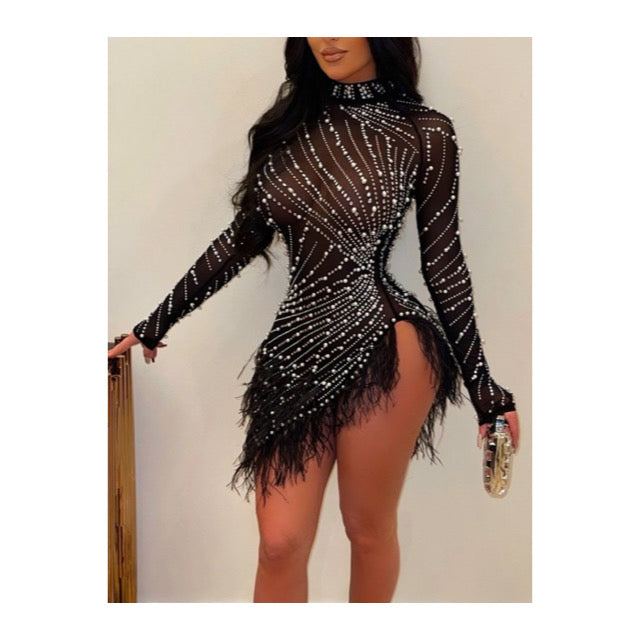 Studded Feather Bandage Dress - Glamorous Eveningwear for Bold Entrances