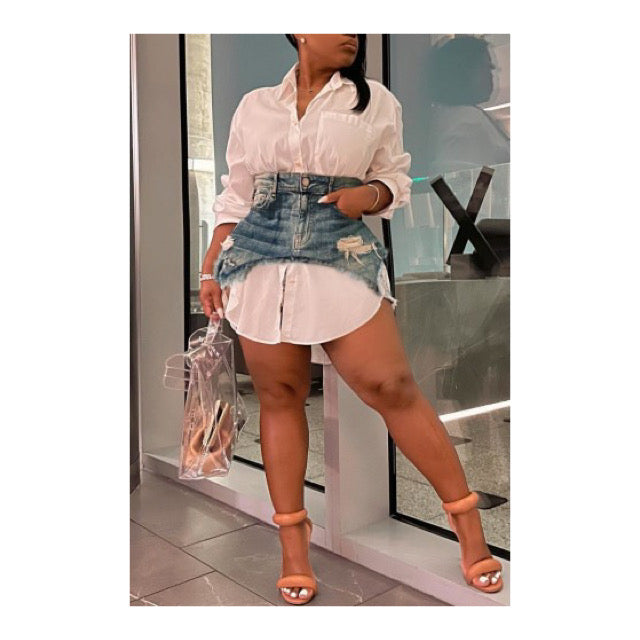 White “Denim Skirt Overlay Skirt” Set - Casual Elegance for Effortless Styling
