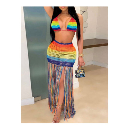 Rainbow Colored “Crochet” Skirt Set - Vibrant and Stylish Summer Fashion