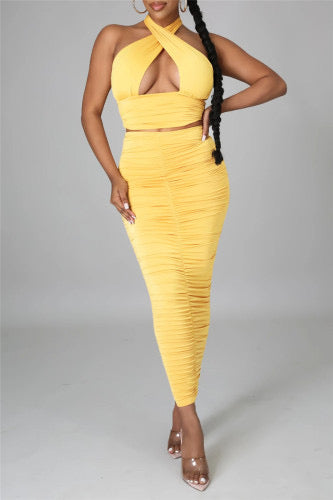 Yellow Tank Halter Top Midi Skirt Set – Chic & Sleek Two-Piece Outfit