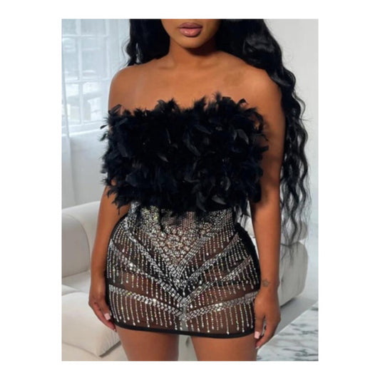 Strapless "Feather Top" Rhinestone Mini Dress - Glamorous Chic for Dazzling Elegance
