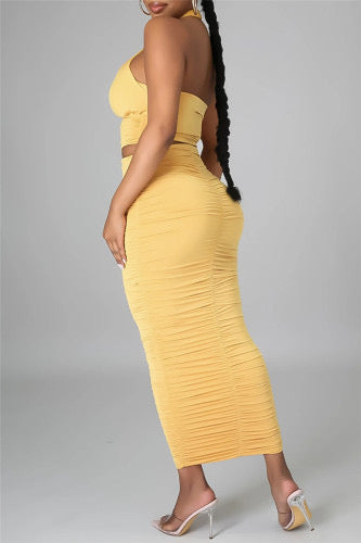 Yellow Tank Halter Top Midi Skirt Set – Chic & Sleek Two-Piece Outfit