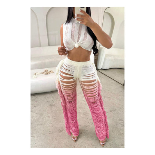 Pink “Sliced” Fringe Legging Set - Bold and Trendy Two-Piece Outfit