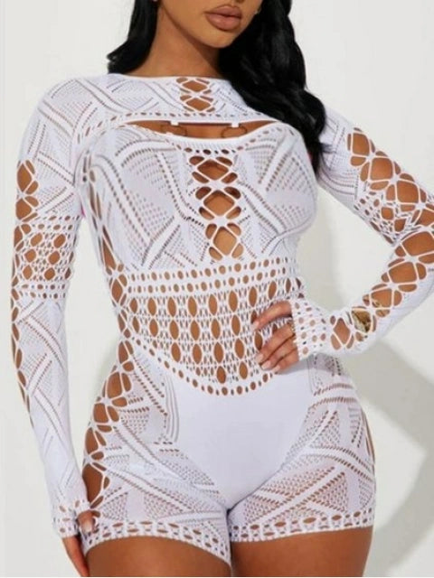 White Sheer “Snug Fit” Romper with Cutouts – Sexy Clubwear Look