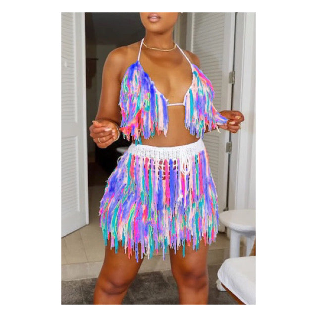 Purple Multi Colored Tassel Mini Skirt Set