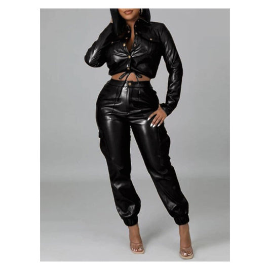 Faux Leather Crop Top “Jogger” Leggings Set