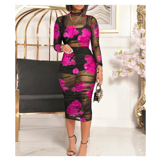 Pink Floral Print Mesh Maxi Dress - Romantic & Elegant Partywear