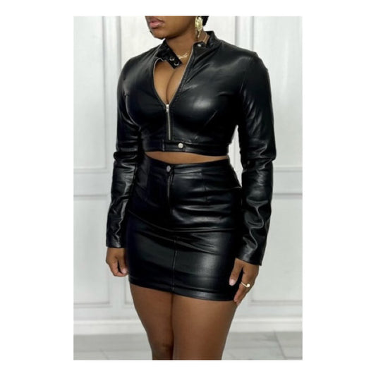 Black “Faux Leather” Crop Top Skirt Set - Edgy Fashion for Confident Sophistication