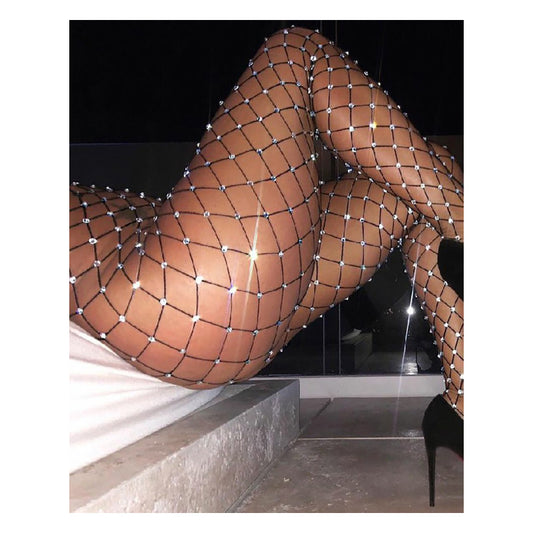 Black Rhinestone Fishnet Stockings - Glamorous and Edgy Night Out Accessory